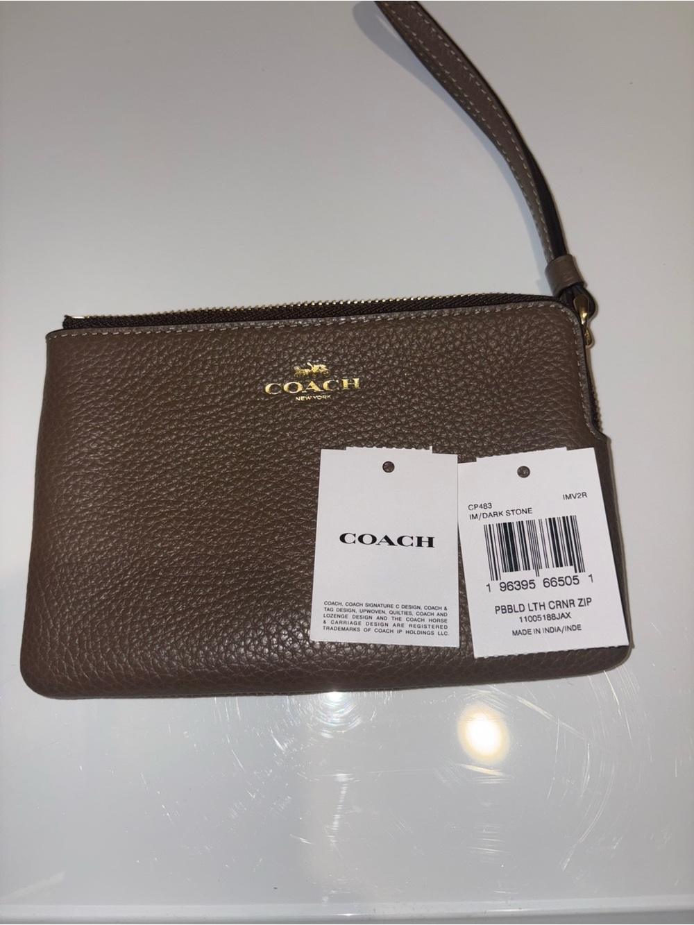 Coach Dark Stone Pebbled Leather Zip Wristlet